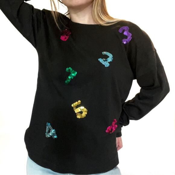 CHAUS PETITES Vintage Black Sequin Number Knit Top Teacher Small - Picture 2 of 8